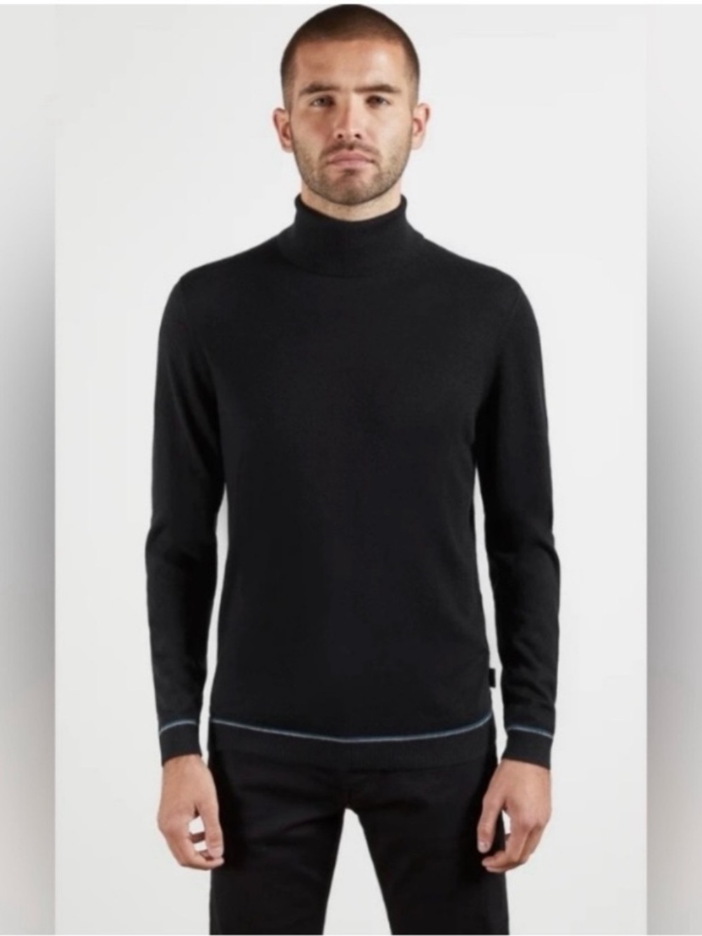 Ted Baker Men's Black Turtleneck Cashmere Blend Sweater with Subtle Trim